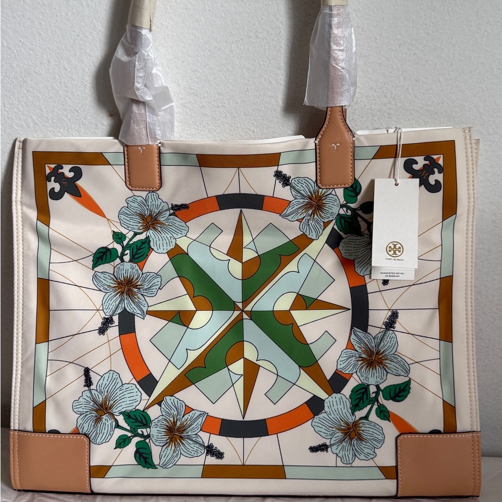 Tory Burch Cream and Green Nautical Tote
